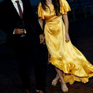 Yellow Silk Black Tie Dress | Patti Silk Midi Dress | Cinq a Sept | US 4